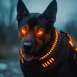 a dog is dressed in warm clothing while standing with its tongue out