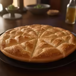 a pie is on a black platter with a beverage in the background