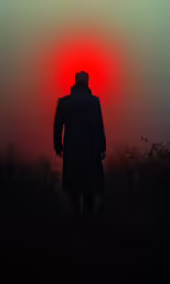 man in a coat walking towards an orange light