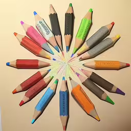 an array of colored pencils arranged in a circular,some colored pencils that are in a circle