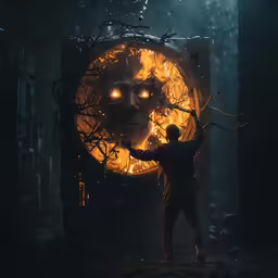 a man holding some kind of fire with two eyes on it