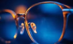 a pair of glasses that are gold and blue
