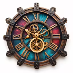 an unusual wall clock with a metal cogs and gears
