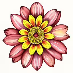 a drawing of an orange, yellow and red flower,a drawing of a flower with some yellow and red petals,an illustration of a flower with bright yellow and pink petals,a flower is shown on a white paper,a drawing of a flower with red and yellow petals