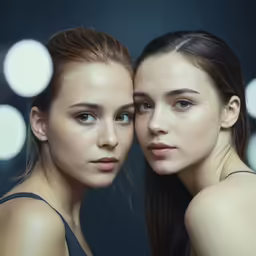 two beautiful women with long hair are standing in front of light circles