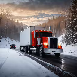 a semi truck driving down the snowy road,a semi truck drives down the road on a snowy day