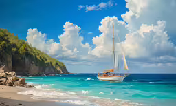 a boat on the ocean near a shore line