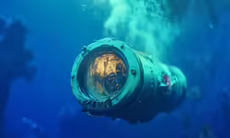 an underwater image of an underwater space station with the lights on