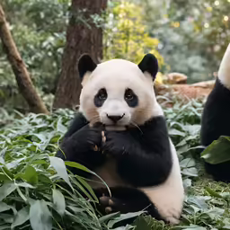 a panda cub rests in the grass while it eats
