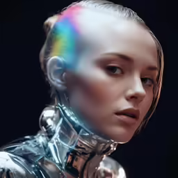 a woman with a robot make up and multi - colored hair