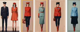 three models of hats and uniforms wearing military dress clothes,uniforms from a fashion line on display in glass