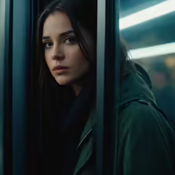 a woman looks out the window while riding a train