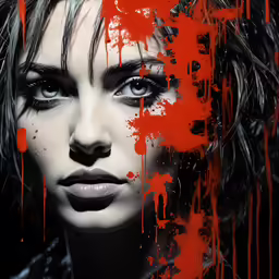 a girl is shown with red paint all over her face