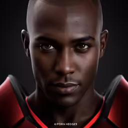 an african american man with a red shirt in a black background