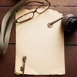 an old manuscript with pen, eyeglasses and a pair of glasses on it