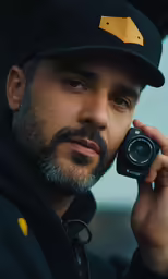 the man in a cap is talking on his phone