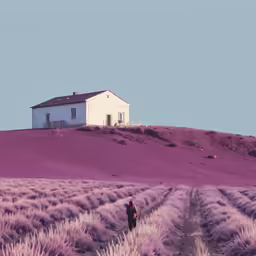 a person walks up to a small house on a grassy hill