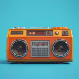 an orange radio sitting on top of a blue table