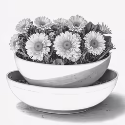 a bowl of flowers sit on top of each other