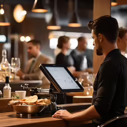 a man standing in front of a tablet computer sitting on top of a bar
