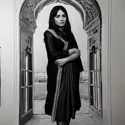 a black and white photo of a woman standing in a doorway