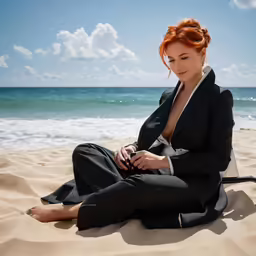 a woman is sitting in the sand looking down at her cell phone