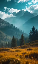 a view of a mountain range from the bottom of a grassy area