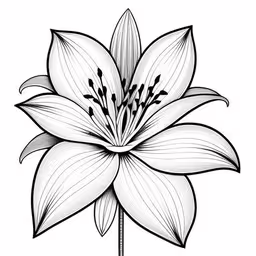 a flower that is drawn in a black and white line art work,a single lily flower, in black and white