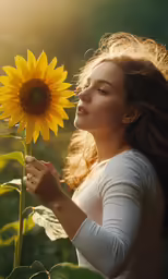 a woman is smelling a sunflower with her long hair