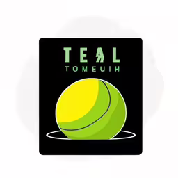 the teal to meeuh logo has a green tennis ball on it,a teal logo with a tennis ball in the center,the green tennis ball is sitting in a black plate,a close up of a tennis ball on top of a table,a picture of a tennis ball with the words teal in front