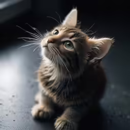 a small kitten is staring up and to the side