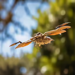 a tiny, tan and black insect flies in the sky