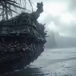 an abandoned ship sits in the water on the beach
