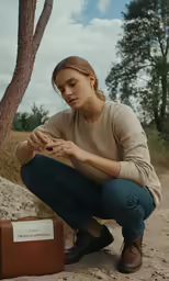 a young woman squatting on the ground next to a suitcase and holding her hand