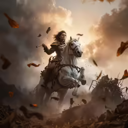 a woman on a horse with many flags