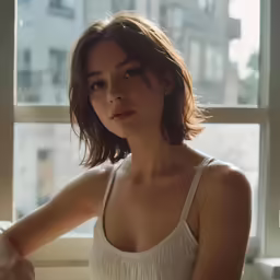 a woman with short hair sits near a window