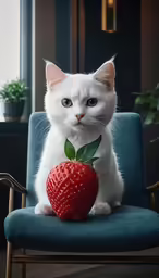 a cat sitting on a chair holding an apple