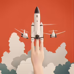 the hand is flying near a model of an airplane