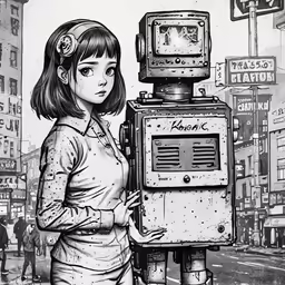 a girl and a robot standing next to each other