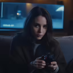 a woman sitting on a couch holding a remote