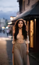 a woman in a beige dress is walking down the street