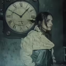 a beautiful woman standing in front of a large clock