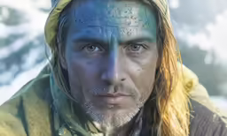 a man with a long yellow hair and wearing a brown coat