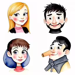 a cartoon of different people and faces on a white background,four different people drawn in the style of watercolor