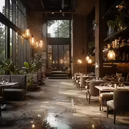 a dining area with rows of tables set up in front of a wall