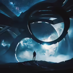 a person stands under a star filled sky with a giant metal spiral around them