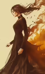 woman with long hair dressed in black gown standing next to a fiery orange tree