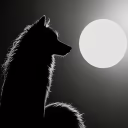 a black dog is standing next to a bright moon