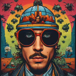 a man in sunglasses and a hat has a very strange hat,the life and times of frank gold in his work as a self - created cartoon artist