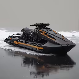 a small black and yellow watercraft is frozen in some ice